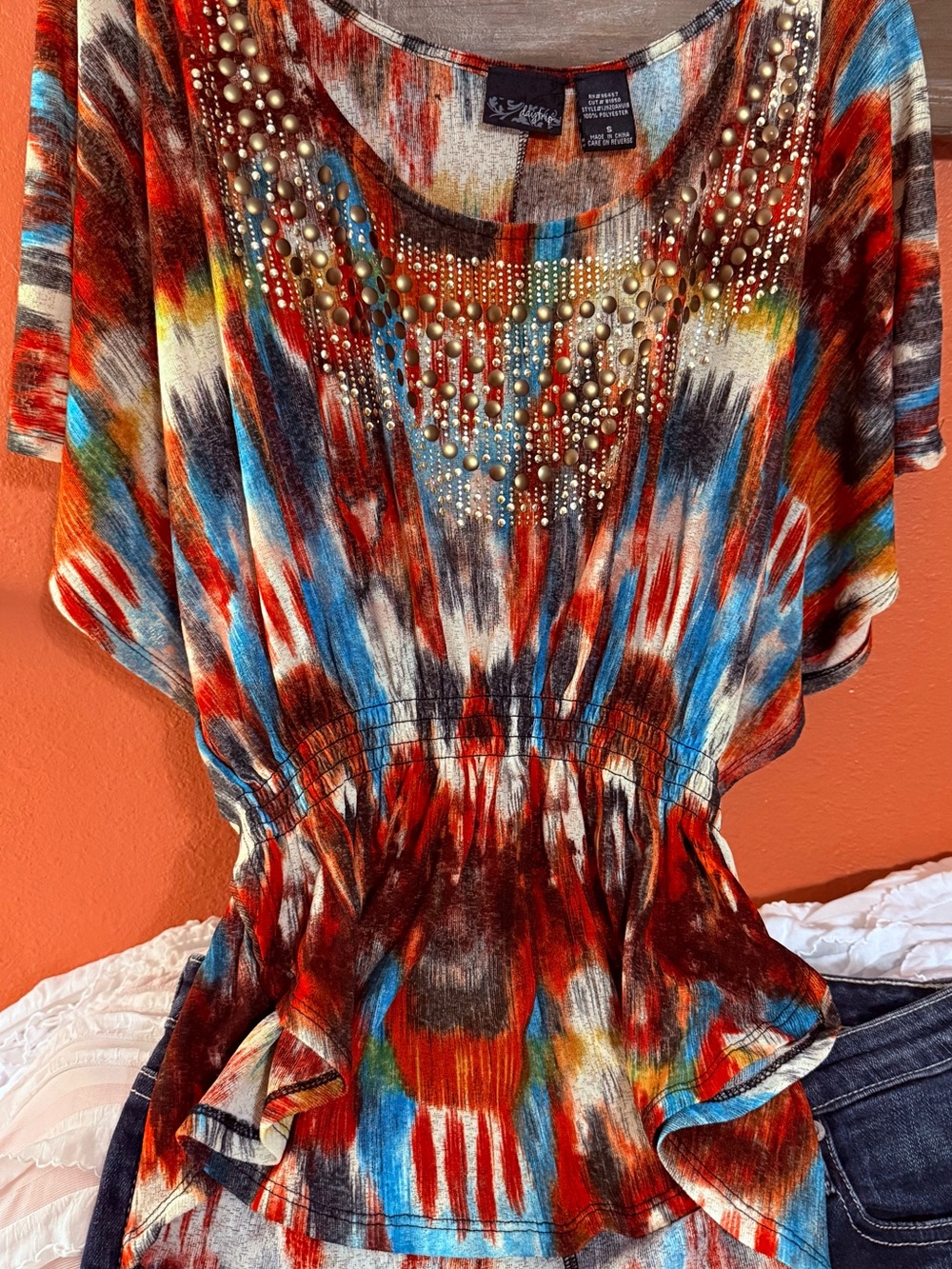 Daytrip Multicolor Beaded Scoop Neck Tunic - Red Blue Brown